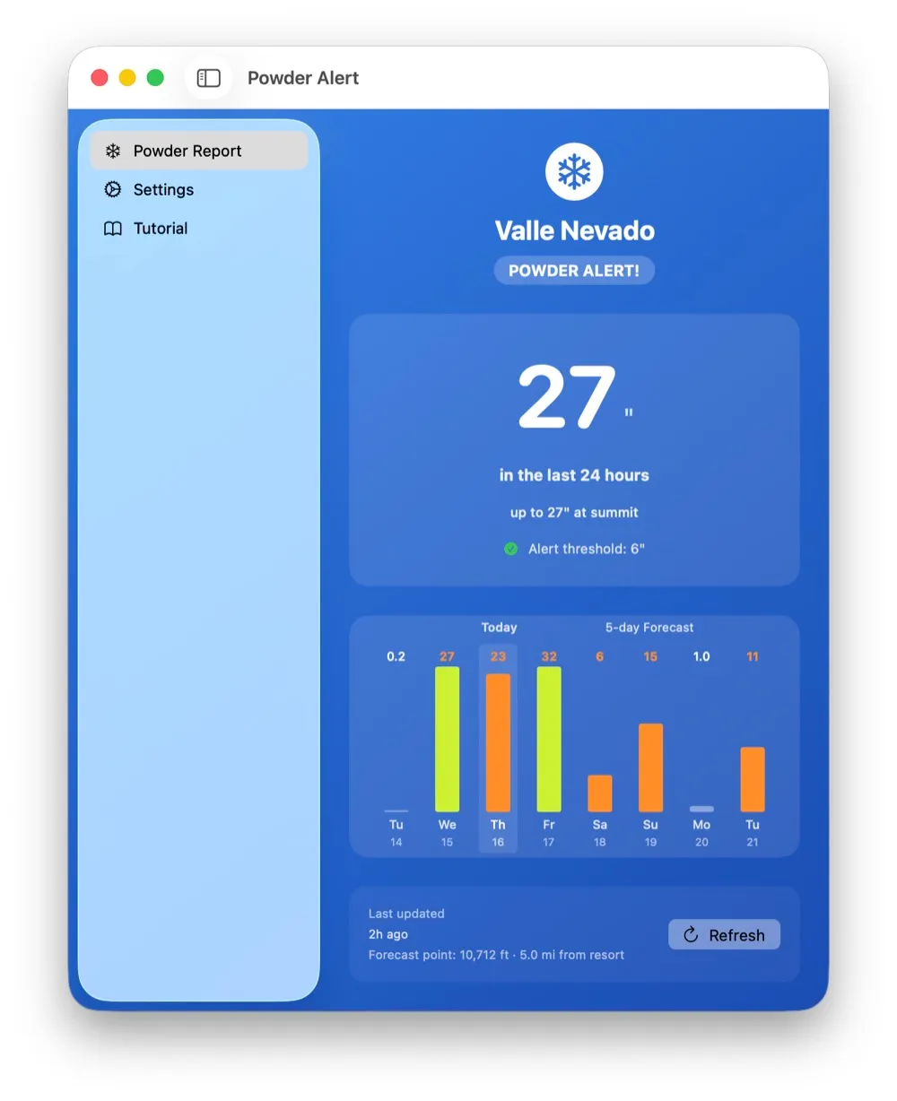 Powder Alert main window in its powder-alert state — Valle Nevado with 27 inches in the last 24 hours and a five-day forecast chart