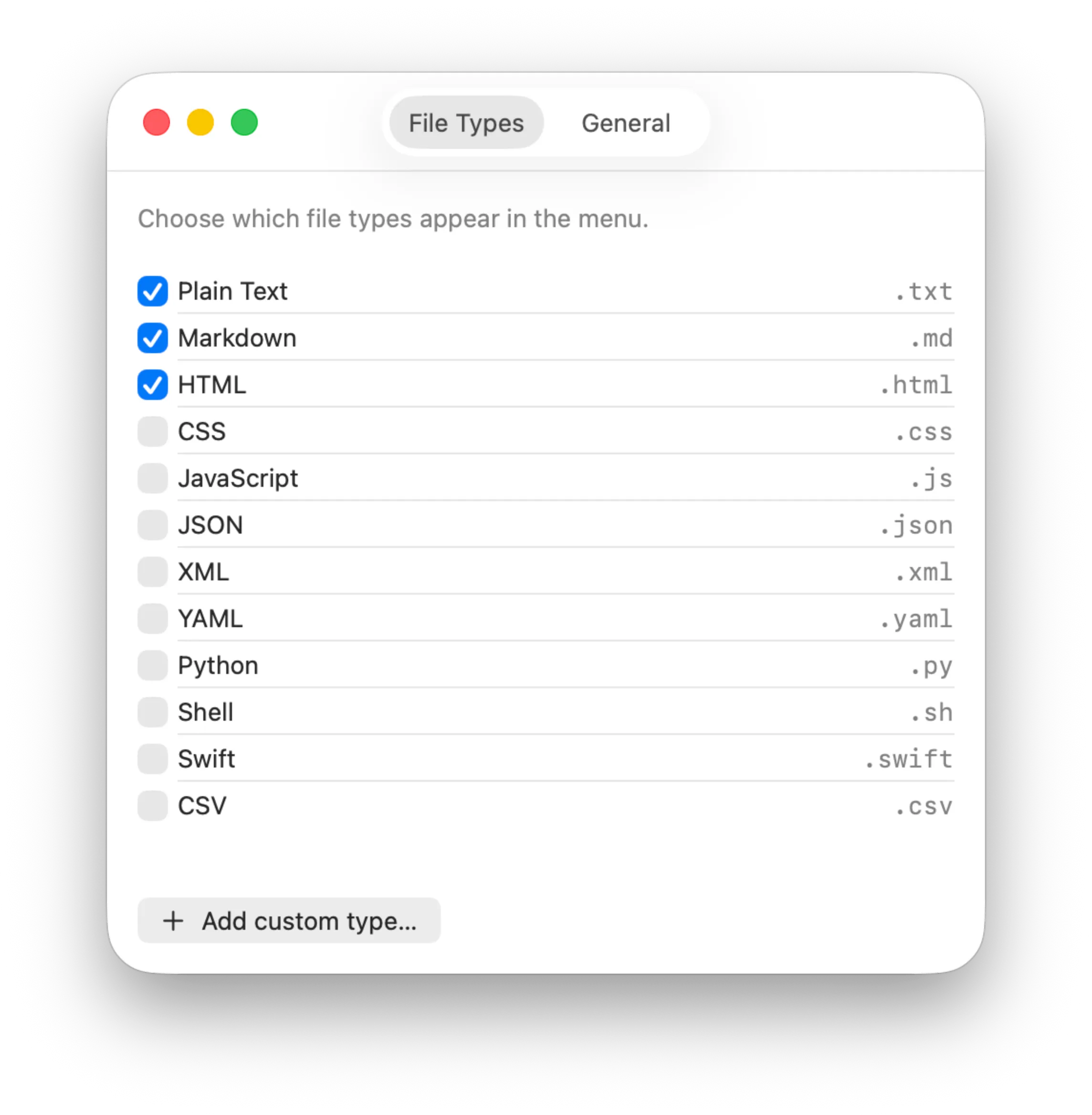 Effunde settings File Types tab with a checklist of file types and an Add custom type button
