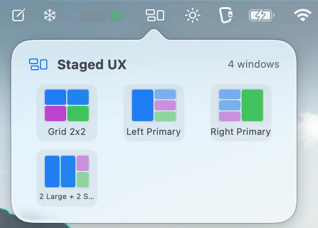 Staged UX menu bar layout picker with four windows open, showing four-window grids and splits