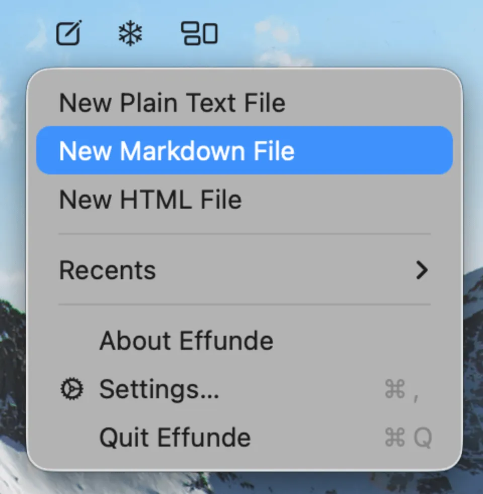 Effunde menu bar dropdown showing New Plain Text, Markdown and HTML file options plus a Recents list