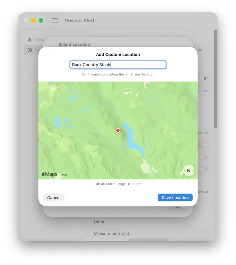 Powder Alert’s Add Custom Location dialog with a map pin dropped on a backcountry spot