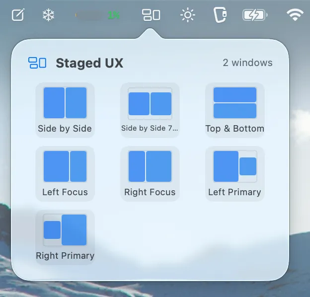 Staged UX menu bar layout picker with two windows open, showing seven two-window layouts