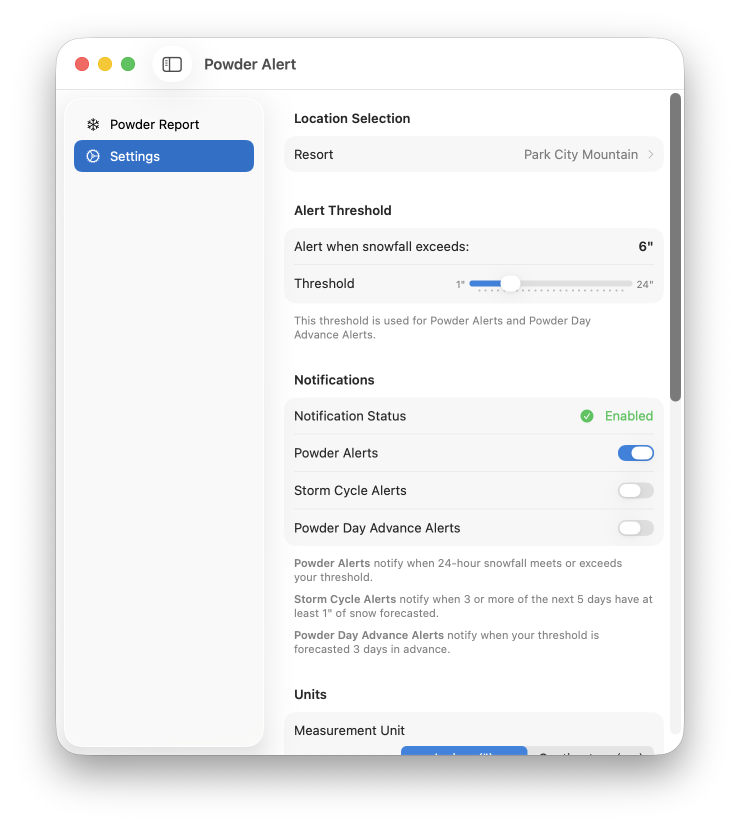 Powder Alert settings